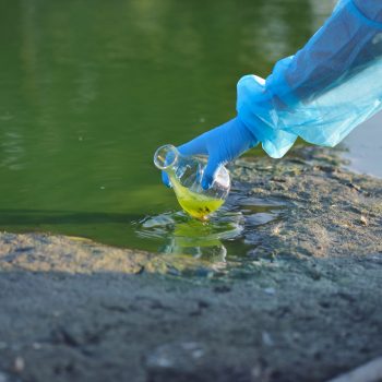 Close-up environmentalist hand of a researcher in a process of taking a sample of contaminated water from a lake
