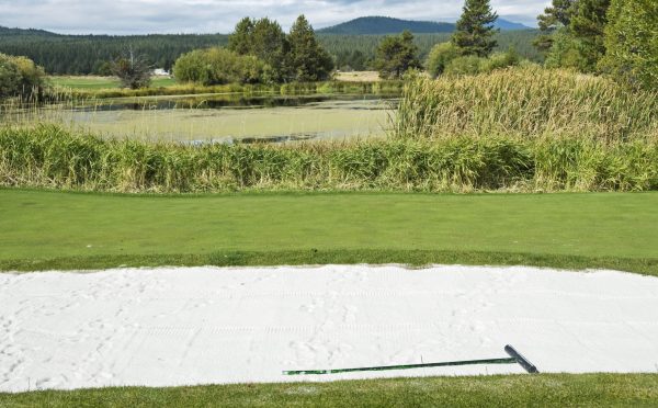 Sand trap and pond on golf course in central Oregon
